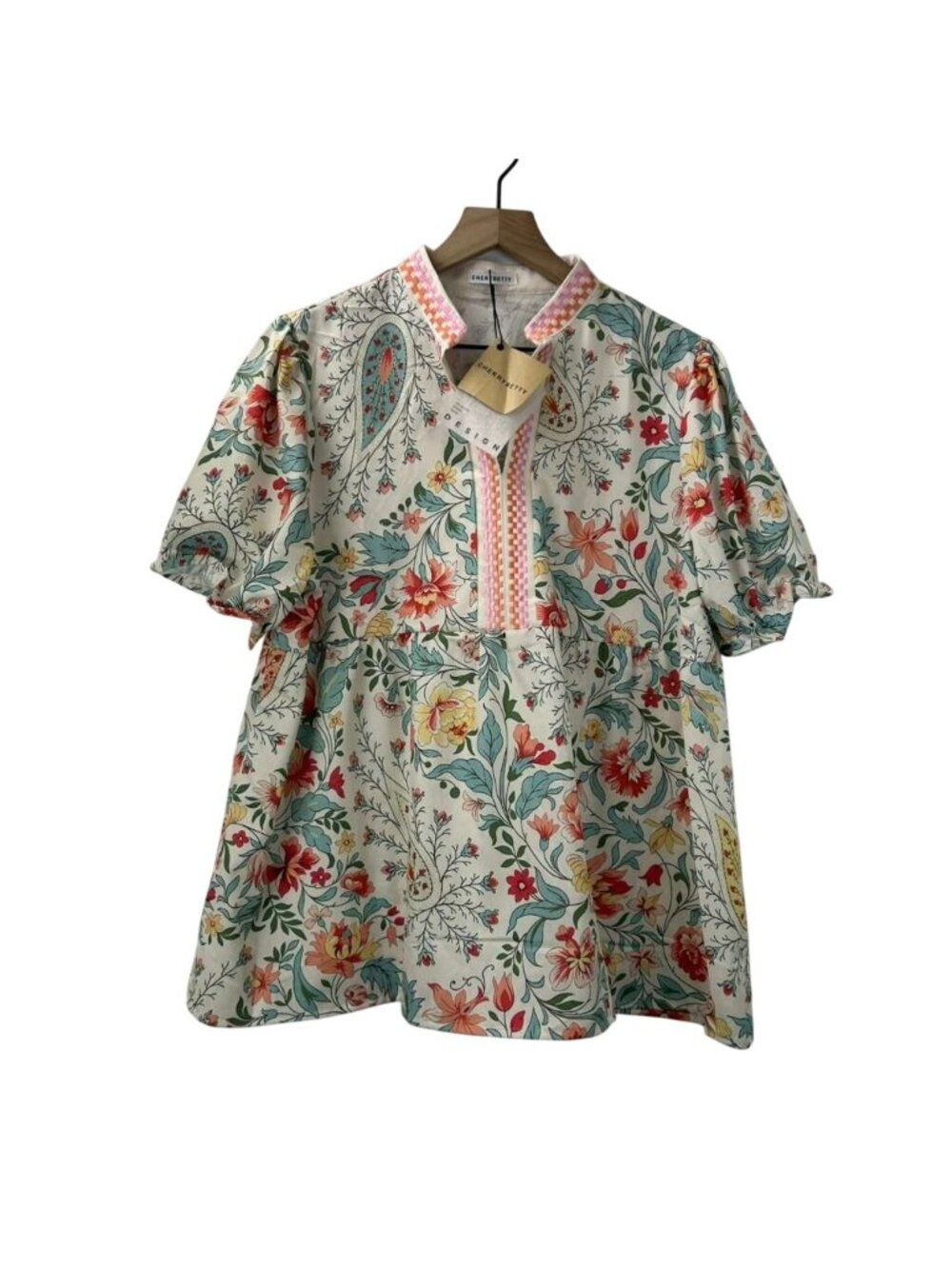 Cherrybetty Women's Large Colorful Floral Print Blouse Embroidered Collar NWT